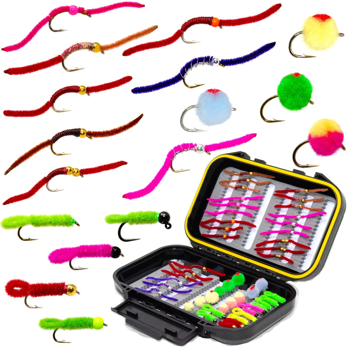 48 Glo Bug Egg, Wennie Caddis Euro Nymph and San Juan Worm Power Bead Trout Bass Fly Assortment with Waterproof Fly Box for Wet Nymph Fly Fishing Flies, Size 10 - 16