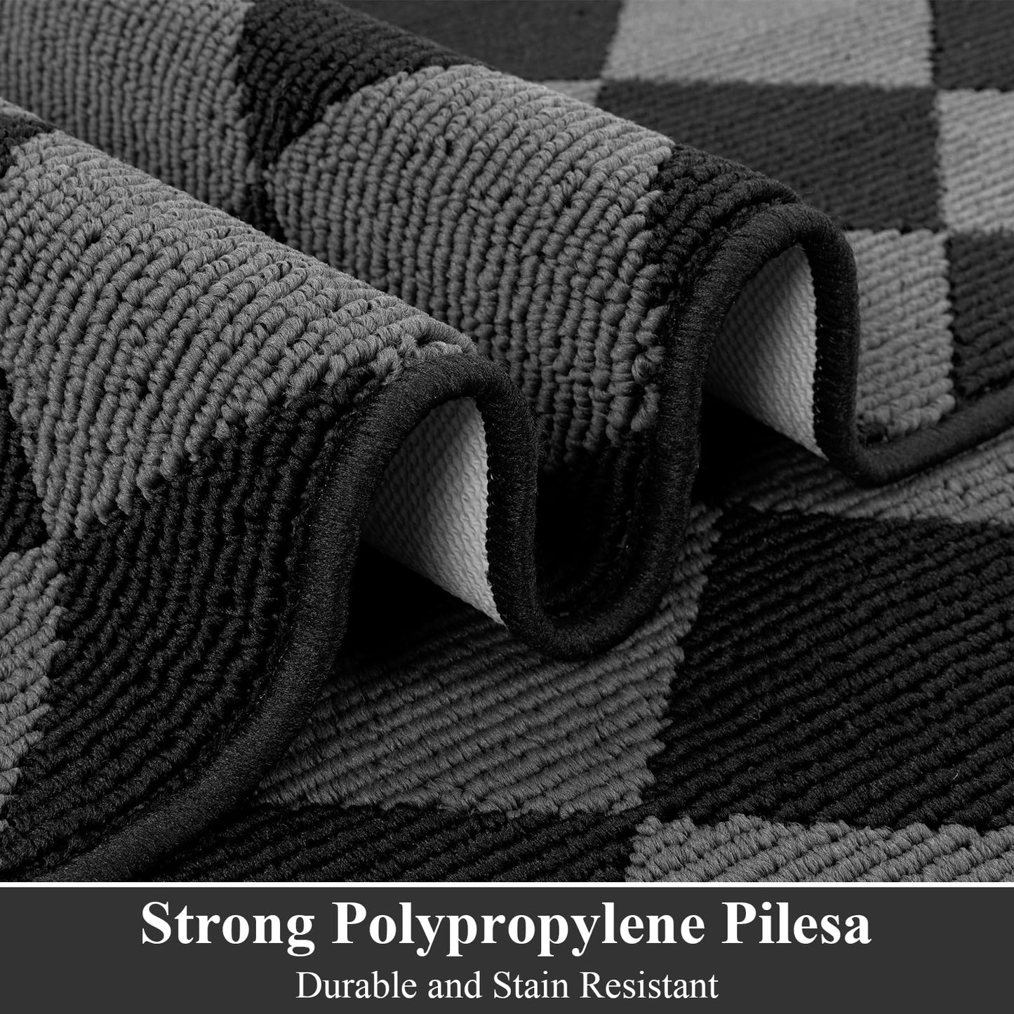 SHACOS 3Pcs Kitchen Rug, Checkered Kitchen Mat for Floor, Washable Non Slip Runner Rug for Hallway Entryway, Kitchen Runner Set for Kitchen, Front of Sink (17"x30"+17"x47"+17"x59", Black/Grey)