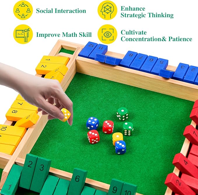 14 inches Shut The Box Dice Game 2-4 Player Upgraded 12 Numbers Wooden Board Table Math Games for Adults and Kids 12 Dices Classics Tabletop Version Games for ClassroomHomeParty or Pub
