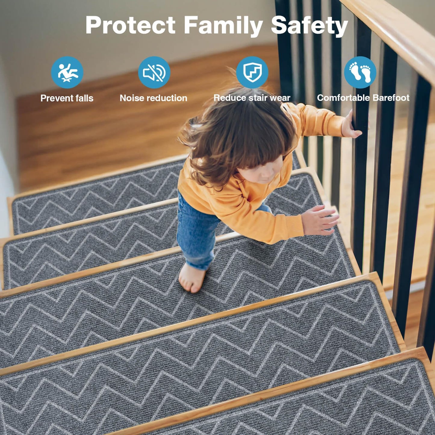 Stair Treads for Wooden Steps, 15 Pack 8"x30" Non-Slip Indoor Carpet Stair Treads with Reusable Polyester TPE Backing for Kids Elders and Pets (Dark Gray)