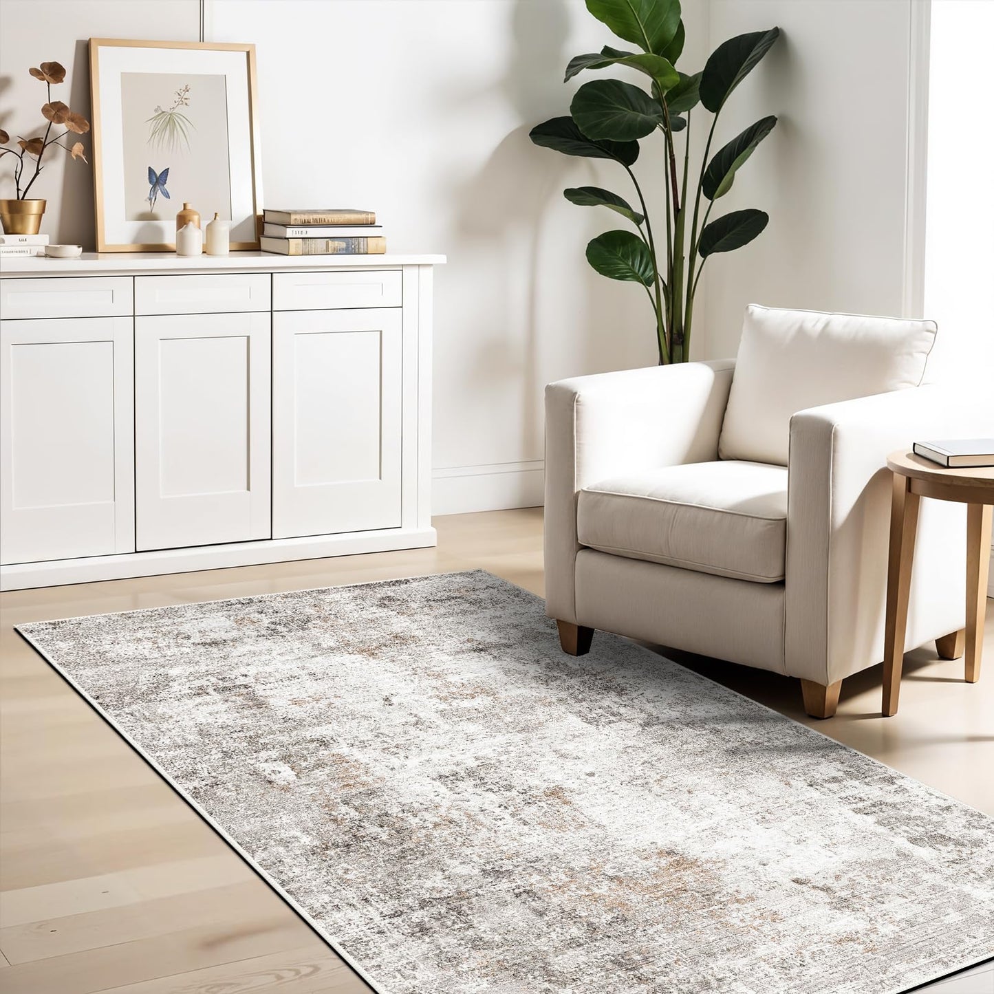 4x6 Washable Entryway Rug – Non-Slip Low-Pile Small Area Rug for Kitchen Bedroom Living Room Office – Modern Abstract Neutral Throw Carpet with Rubber Backing (Beige, Grey)