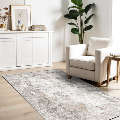 4x6 Washable Entryway Rug – Non-Slip Low-Pile Small Area Rug for Kitchen Bedroom Living Room Office – Modern Abstract Neutral Throw Carpet with Rubber Backing (Beige, Grey)