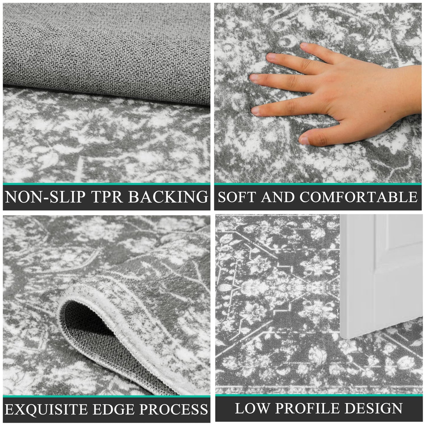 Pauwer Vintage Flower 2'X6' Runner Rug Distressed Runner Rug Non Slip Hallway Runner Washable for Kitchen Living Room Bedroom Entryways Hallways (Grey, 2'X6' Ft)