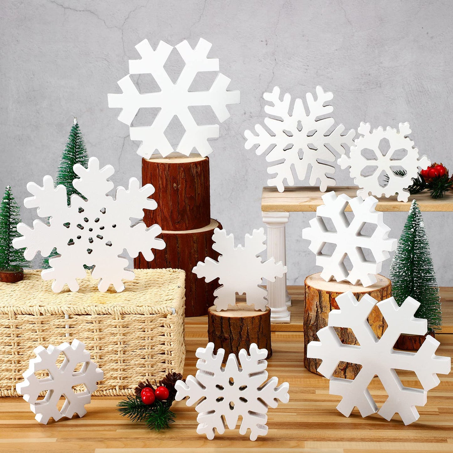 Kajaia 9 Pcs Winter Wooden Snowflake Table Decorations White 3D Snowflake Tabletop Centerpieces Winter Standing Sign Xmas Tiered Tray Decor for Home Fireplace Mantel Party Supplies