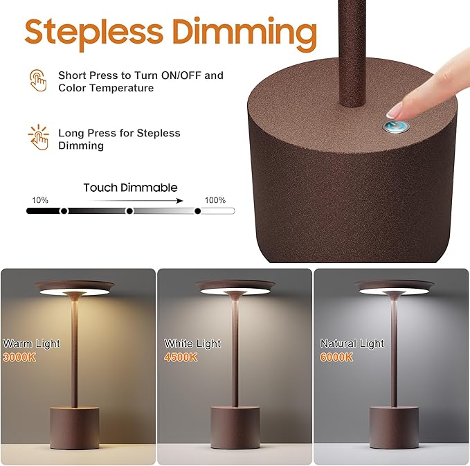 2Pack Cordless Table Lamp, Portable Rechargeable 6000mAh Outdoor Table Lamp, 3 Color Stepless Dimming Battery Powered Lamp, LED Table Light for Dinner/Bedroom/Restaurant/Outdoor (2Pack Rust)