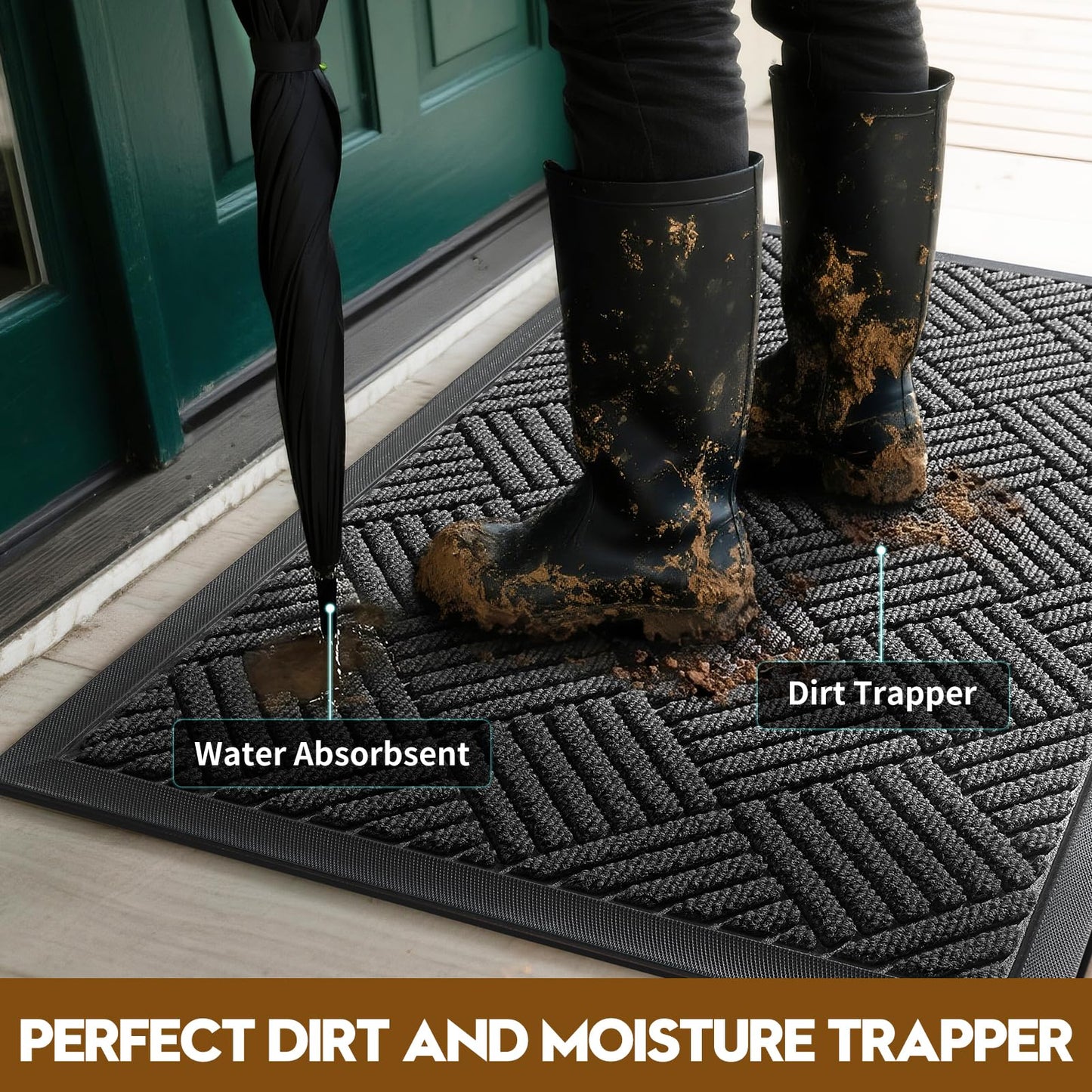 WELDUN Front Door Mat, Heavy Duty Waterproof Rubber Doormat for Indoor Outdoor, Non-Slip Low Profile Dirt Trapper Absorbent Mat for Entryway, Stain Fade Resistant Easy Clean 29.5"x17", Grey