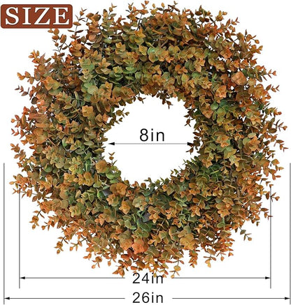 26" Fall Wreath for Front Door, Porch, Window - Large Artificial Boxwood Leaves Outdoor Wreath for Home, Farmhouse Harvest Festival Thanksgiving Day Autumn Decor