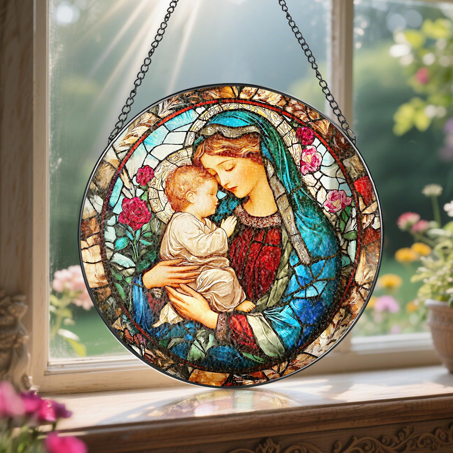 8 Inch Virgin Mary Stained Glass Suncatcher, Stained Glass Window Hanging, Christian Window Hanging Decor, Suncatchers for Windows Door Home Decor and Christmas, Christian Gift, Religious Gift