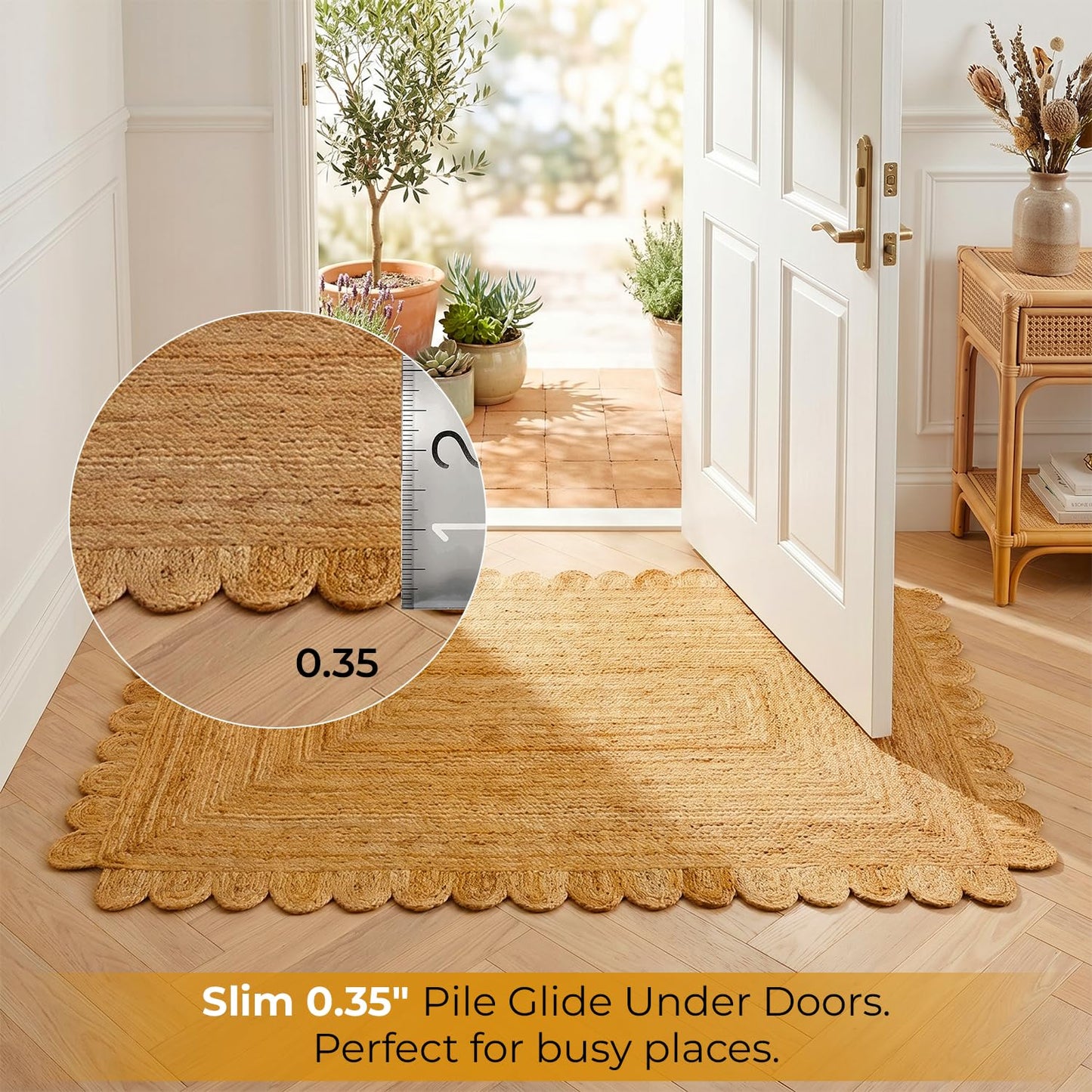 GRUHUM Scalloped Jute Area Rug 4'x6' ft Natural Fiber Rectangular Handwoven Boho Reversible Farmhouse Soft Braided Rustic Vintage Rug Indoor Ecofriendly Livingroom Bedroom Kitchen Hallways Enterways