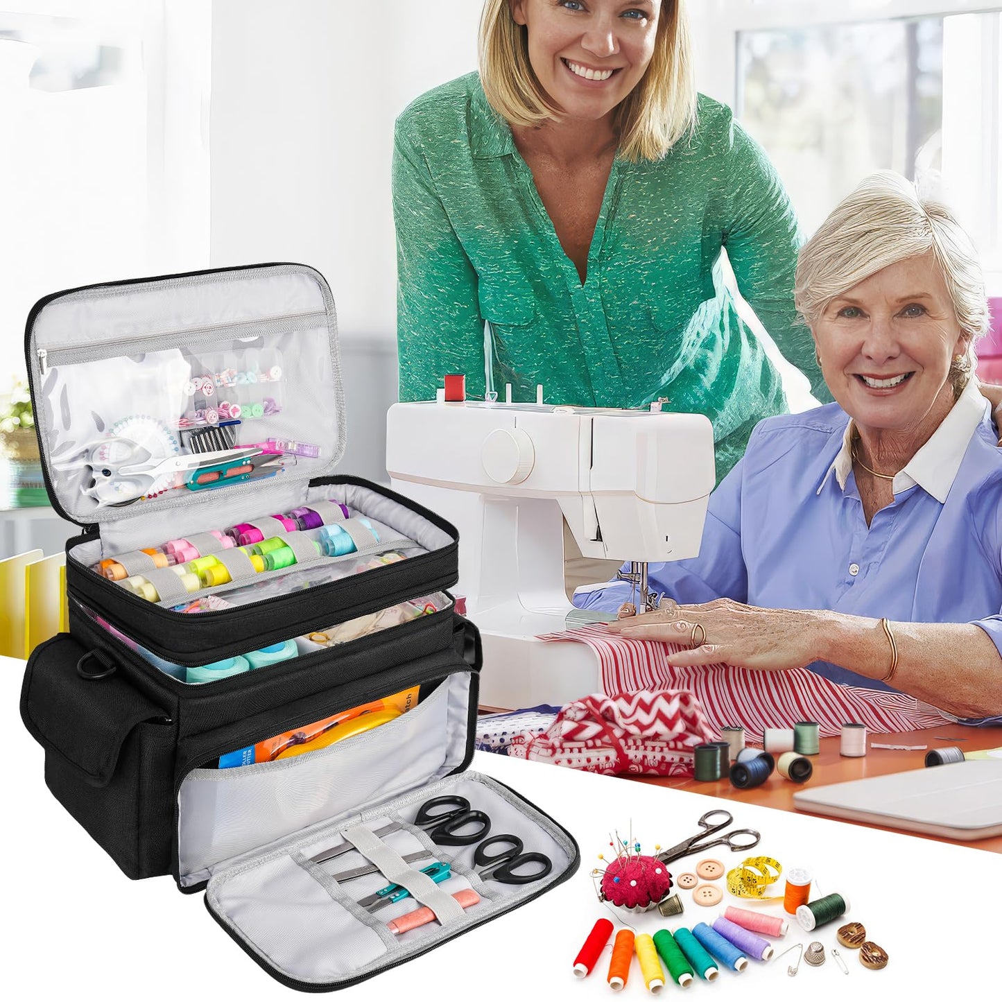 LEFOR·Z Large Sewing Supplies Organizer(13 x 8 x 9 in),Double-Layer Sewing Accessories Storage and Organizer Case Bag,Protable Travel Sewing Box Sewing Basket for Sewing Tools,Black(Bag Only)