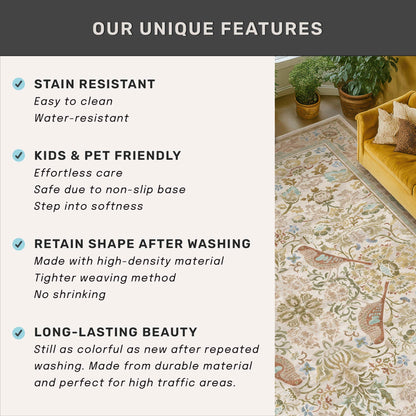 Beige Boho Bathroom Rugs 2x3 Washable Non Slip - Soft Low Pile Small Throw Rug for Entryway, Kitchen, Powder Room - Unique Farmhouse Bird & Pattern Botanical Decorative Door Mats
