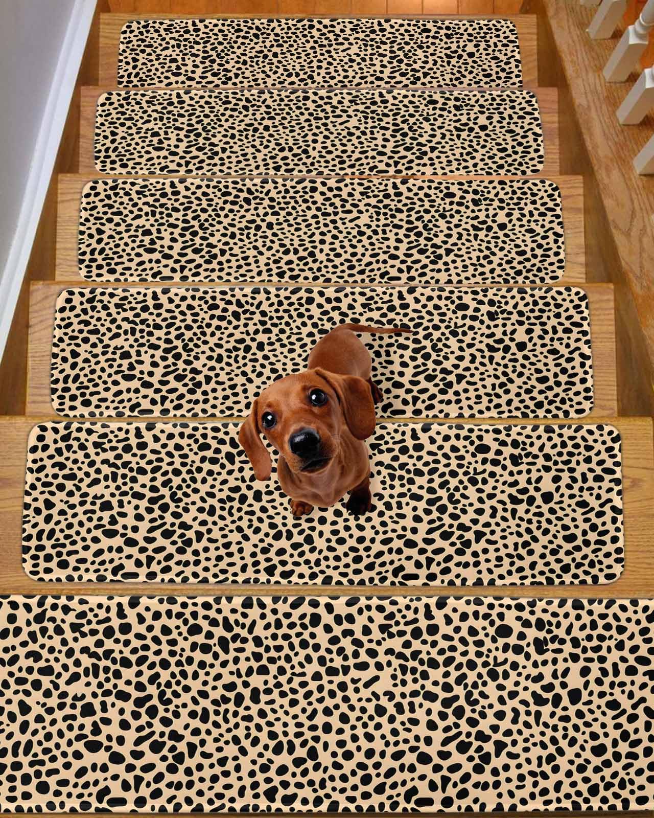 Leopard Textured Stair Treads for Wooden Steps Indoor, 7 Pack Non Slip Carpet Stair Treads for Kids Elders and Dogs with Reusable Adhesive, 8x30 inch Step Mats Modern Animals Printed Black Brown