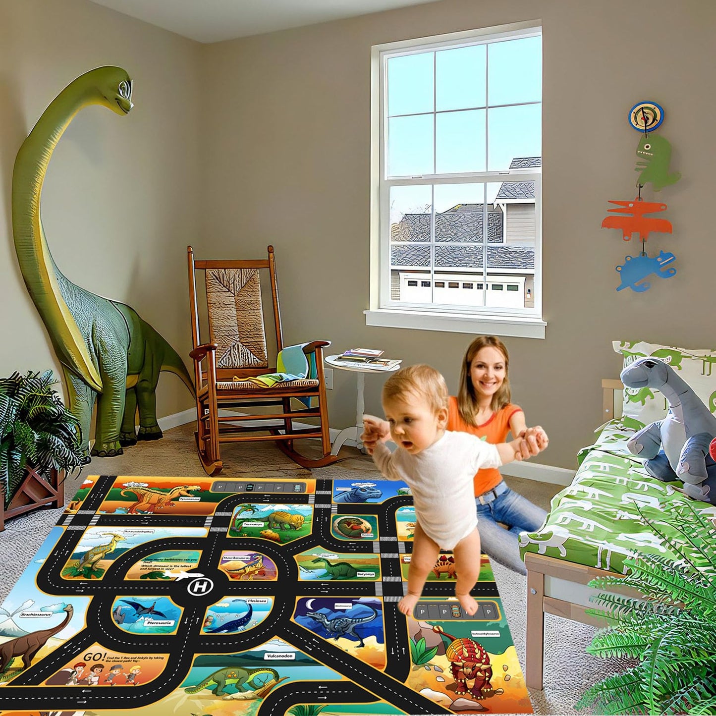 CLAILEIRS Cartoon Dinosaur Rug, Washable Dinosaur Mat with Road, Dino Play Mat Carpet for Boys Bedroom, Playroom (47"×71")
