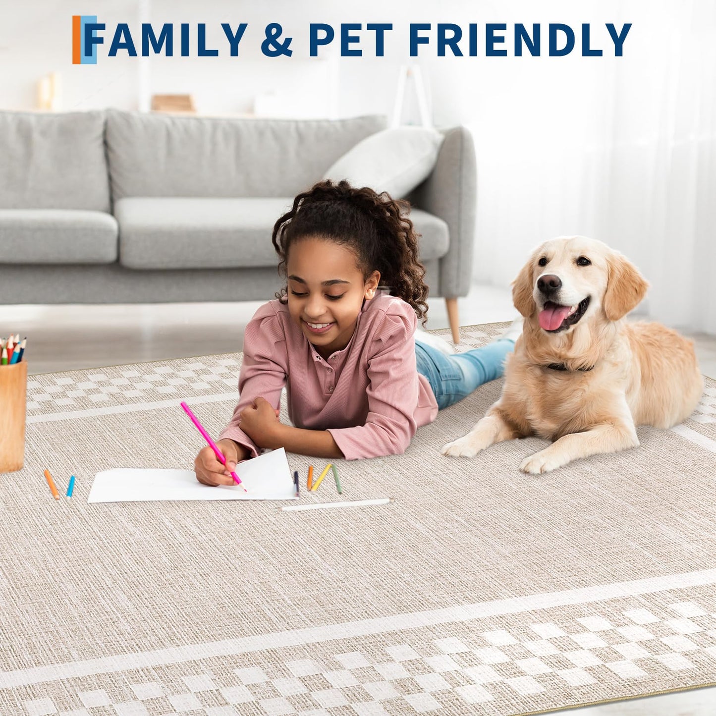 GarveeHome 5x7 Washable Area Rug for Bedroom Living Room Non Slip Modern Bordered Throw Rugs Low Pile Soft Checkered Dining Room Area Rugs Geometric Throw Carpet for Kitchen Nursery Office, Beige
