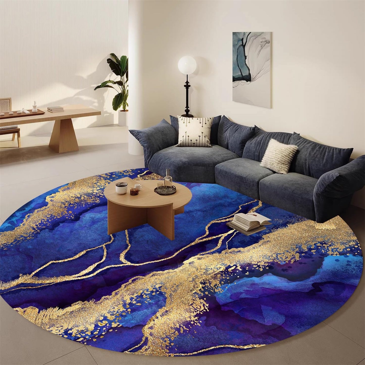 Royal Blue Gold Modern Abstract Marble Pattern Round Area Rugs for Living Room Bedroom Art Deco Circular Rug Soft Wool Washable Non Shedding Home Office Conference Room Large Floor Carpet 6ft