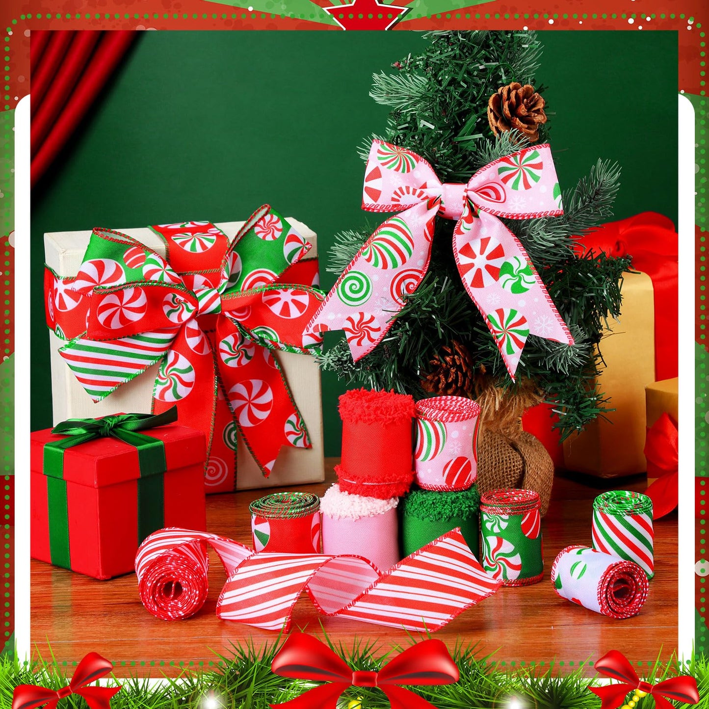 Yuxung 9 Rolls 45 Yards Christmas Candy Peppermint Ribbon Wired Edge Ribbons for Wreaths Red Green Candy Cane Print Craft Ribbon Burlap Grosgrain Ribbon for Christmas Party Decorations DIY Supplies