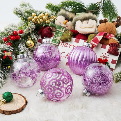 XmasExp 8ct Christmas Ball Ornaments Set -Large Clear Plastic Shatterproof Xmas Tree Ball Hanging Baubles Stuffed Delicate Glittering Holiday Wedding Xmas Party Decoration (100mm/3.94",Light Purple)