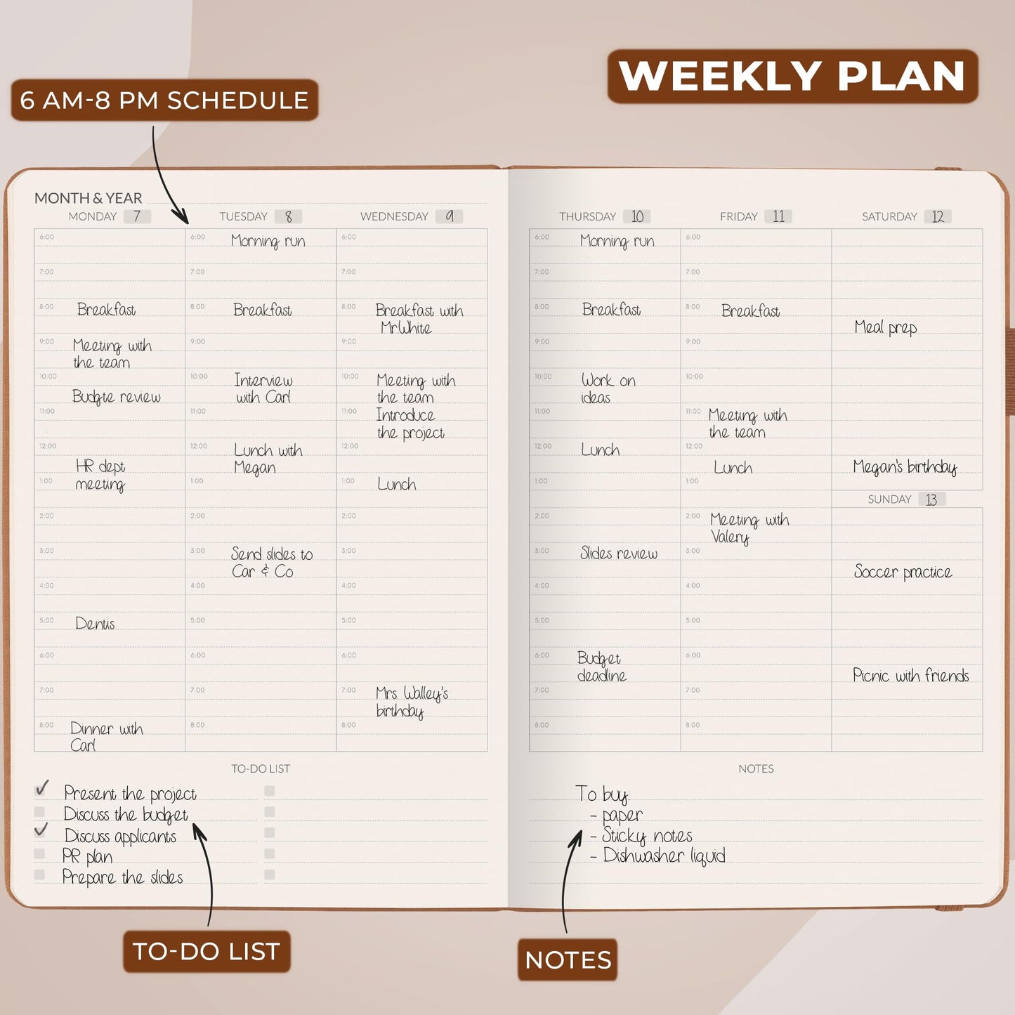 Skyline Hourly Weekly Planner – Undated Agenda & Daily Appointment Book – Time Blocking Notebook for Business Entrepreneurs, A5 (Sandstone)