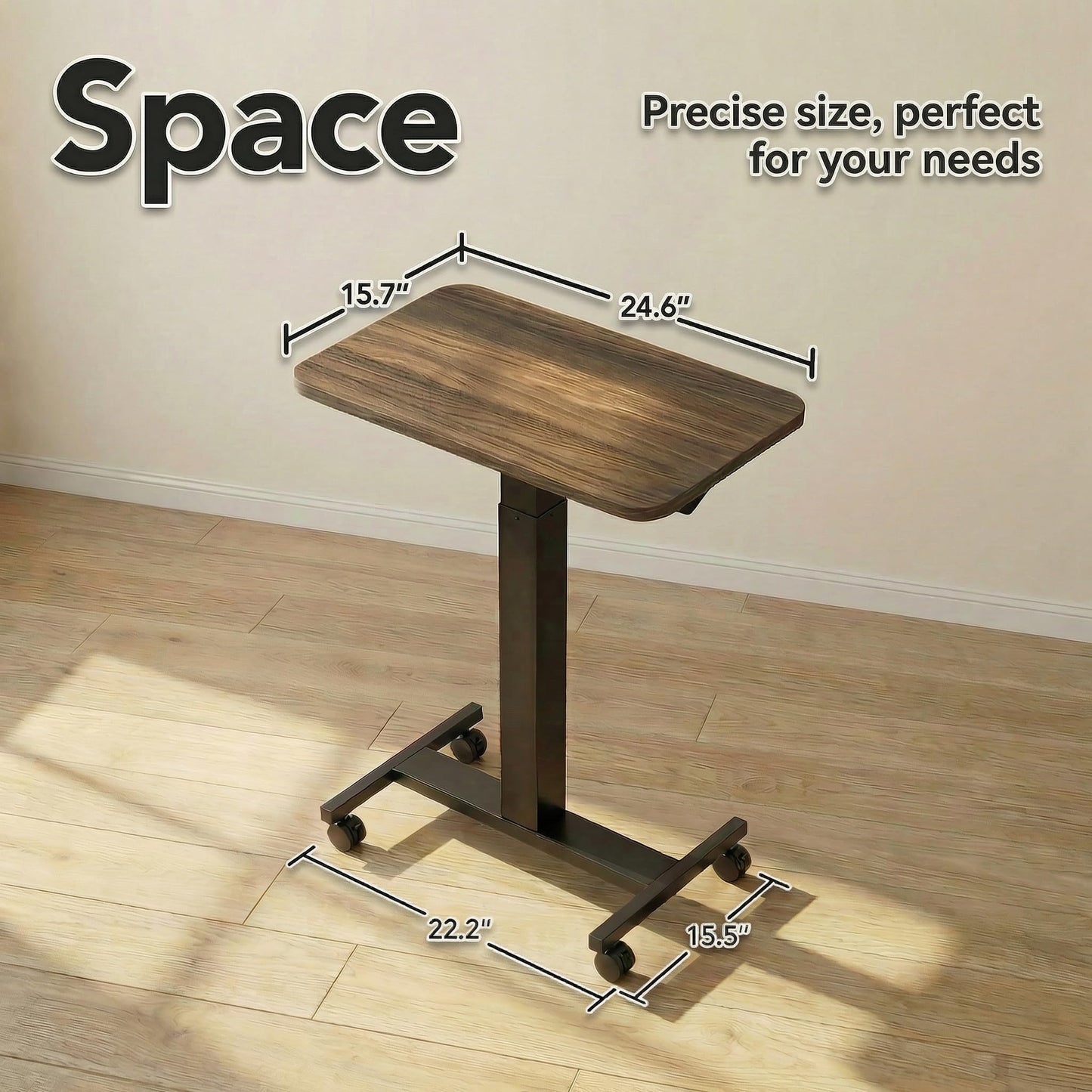 HUANUO Small Rolling Laptop Standing Desk, Height Adjustable Mobile T-Base Desk with Lockable Casters, Portable Sit-Stand Workstation for Bedside & Sofa, Walnut