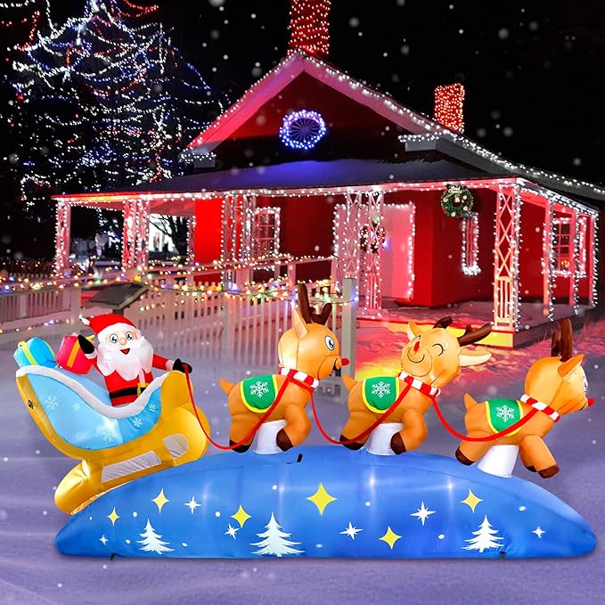 9.5FT Christmas Inflatables Outdoor Decorations Santa Claus on Sleigh with 3 Reindeer Christmas Blow ups Built in LED Lights Inflatable Christmas Decorations for Holiday Garden Lawn