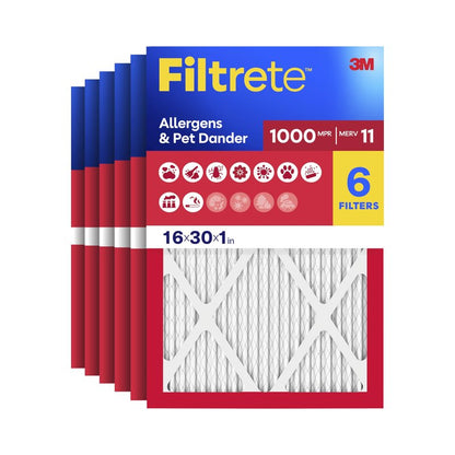 Filtrete 16x30x1 Air Filter, MERV 11, MPR 1000, Allergens & Pet Dander, 3-Month AC and Furnace Filters, Cleaner Air, Reliable Airflow, 6 HVAC Filters (Actual Size 15.81 x 29.81 x 0.81 in)