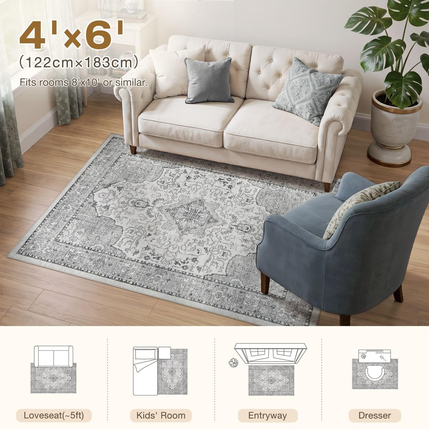 cotiled 4x6 Area Rug Machine Washable Vintage Carpet for Living Room Bedroom Soft Non-Slip Backing Floor Mat Kid & Pet Friendly Stain Resistant Grey