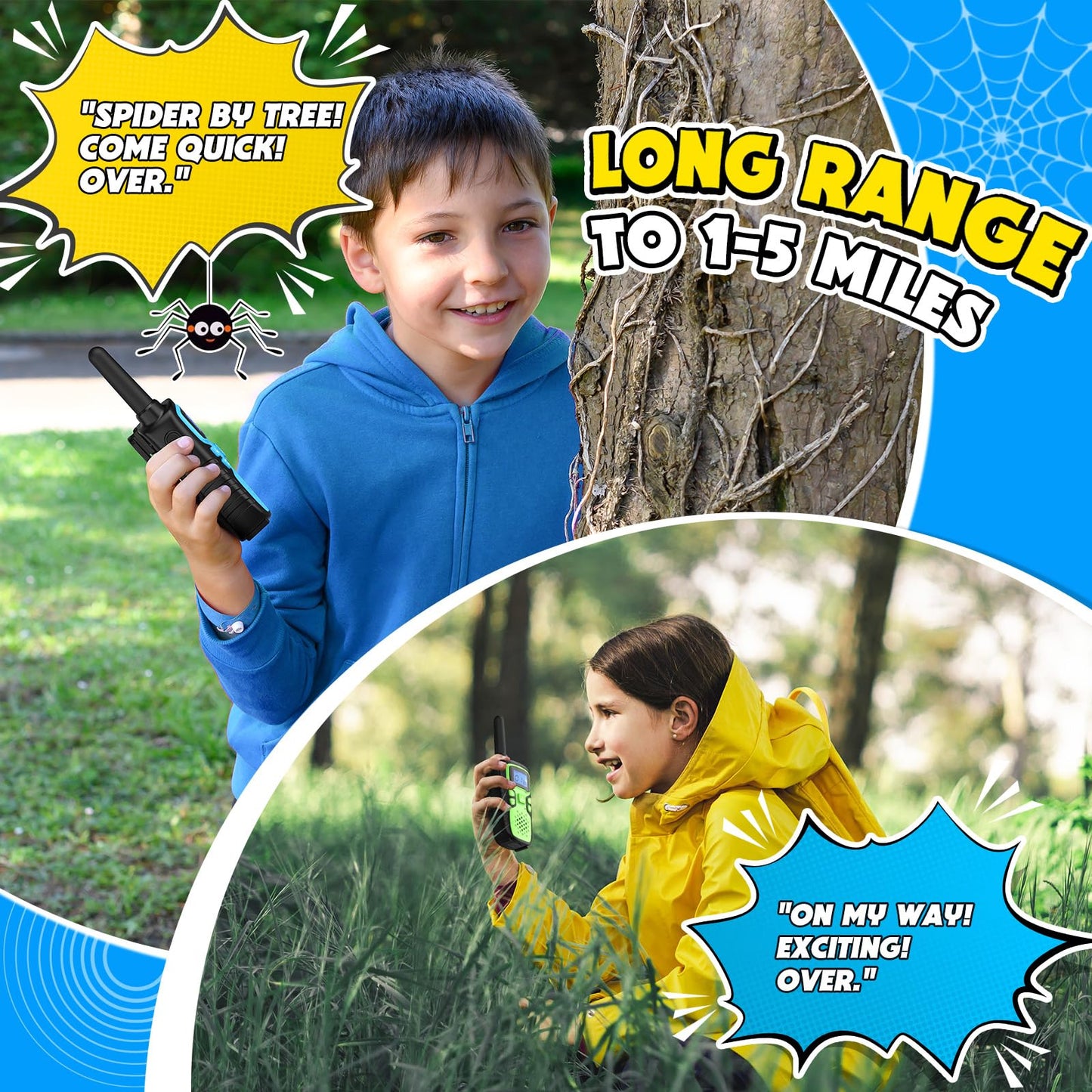 Wishouse Walkie Talkies for Kids Rechargeable Long Range,Xmas Birthday Gift for 4 5 6 7 8 9 Year Old Boys Girls,Hiking Gear Camping Games Cool Toys with NOAA,SOS Siren,Lamp,Lanyards,Easy to Use,2 Pack