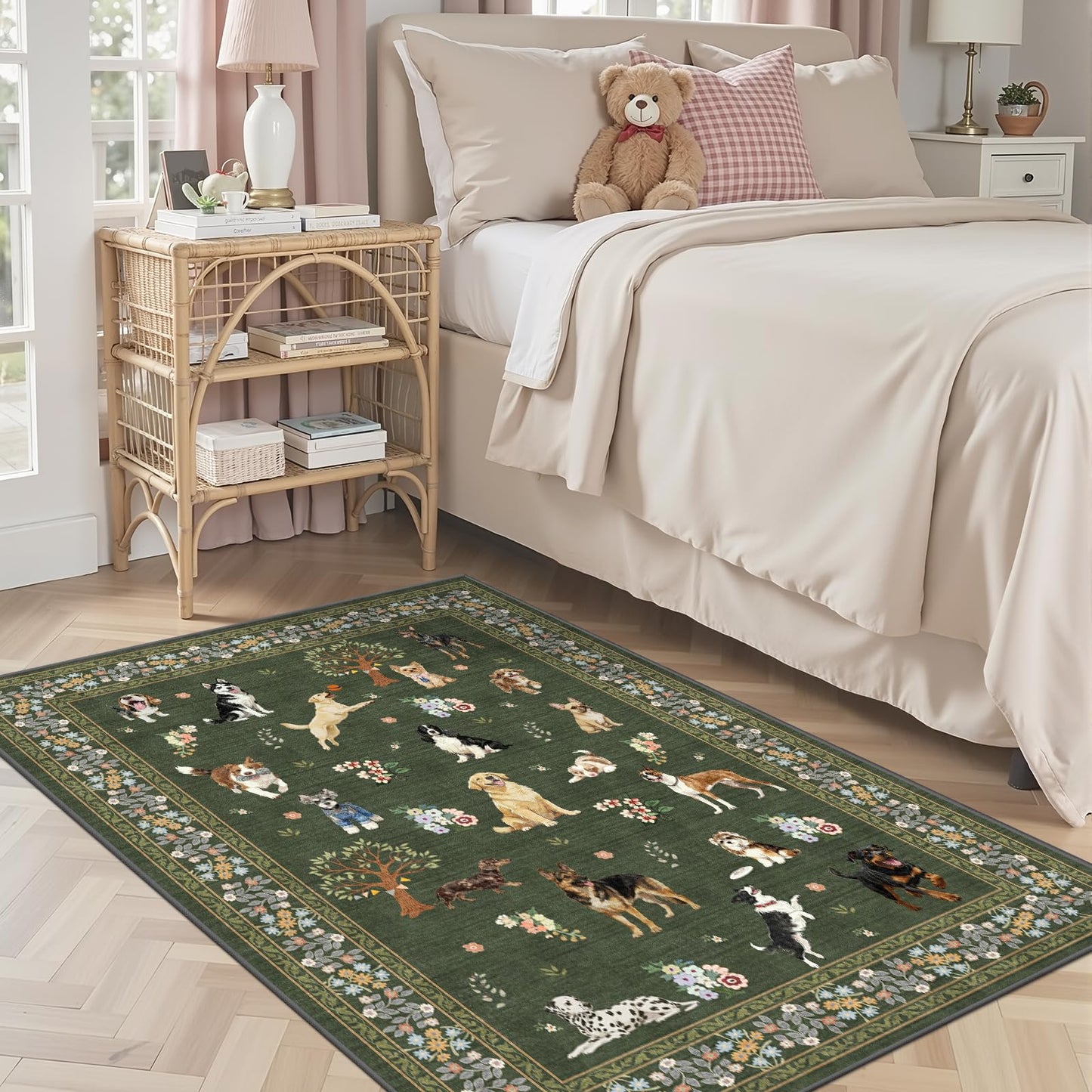 Floral Dog Machine Washable Rug Dark Green, 3x5 Rug Non Slip Soft Bedroom Rugs for Entryway Dorm, Ultra-Thin Rugs for Bedroom Stain Resistan(3 x 5, Dark Green)