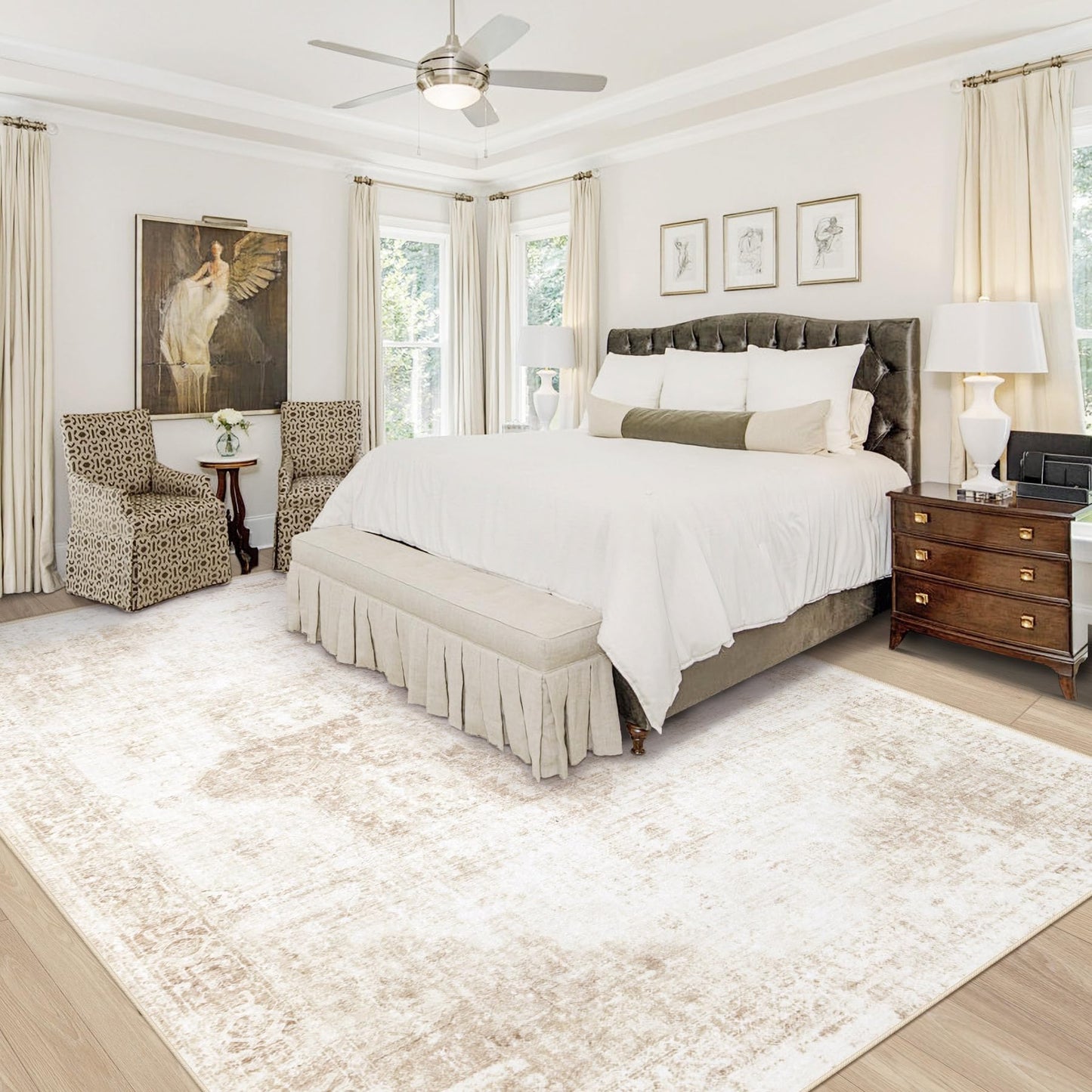 VECARF Area Rug 8x10 Washable Rug, Vintage Boho Medallion Rugs Non-Slip Soft Low Pile Large Distressed Rug Indoor Retro Carpet for Living Room Bedroom Dining Room Office Children's Room(Beige, 8'x10')
