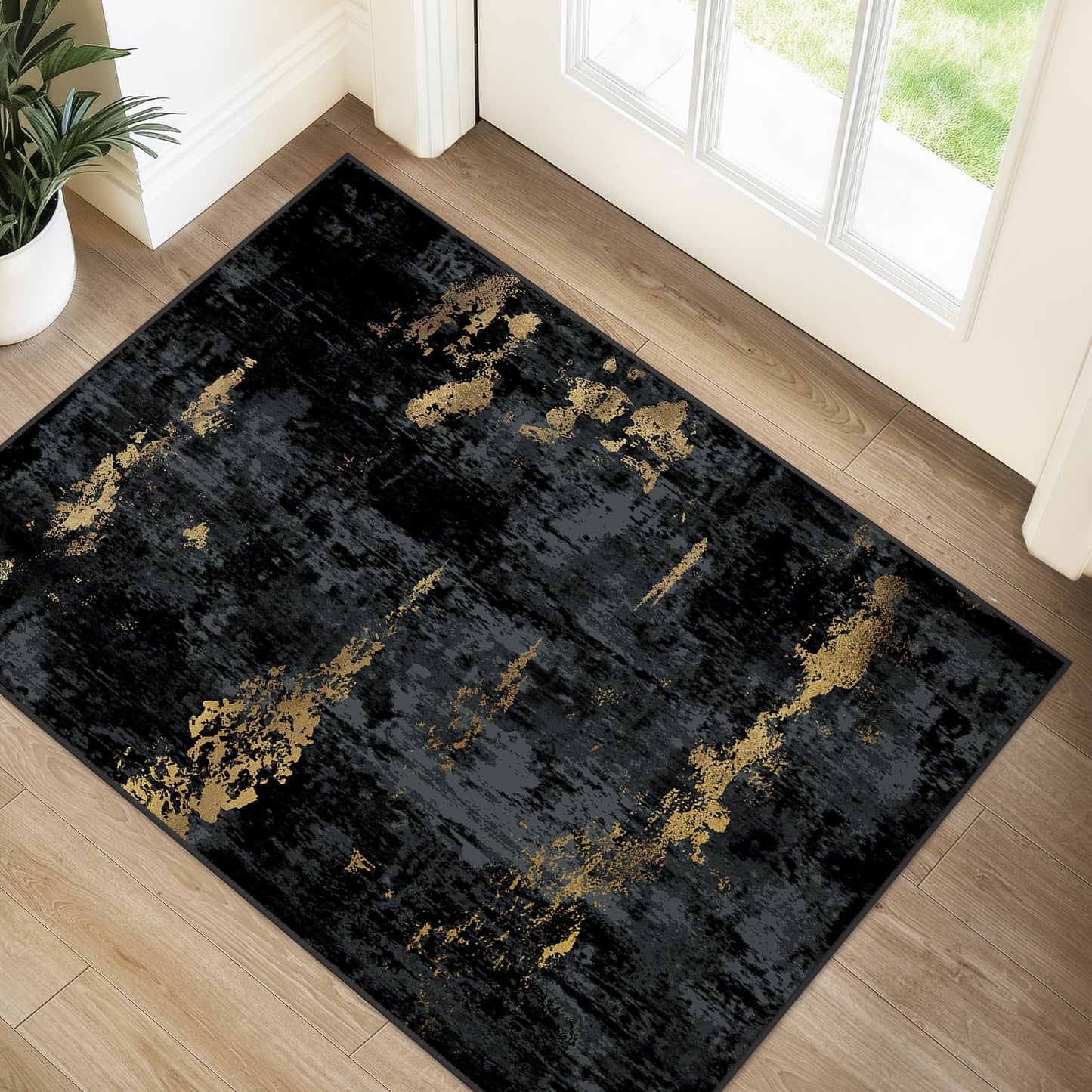 RELEANY Washable Area Rugs 2'x3' Non-Slip Modern Abstract Soft for Living Room Entryway Bedroom Kitchen, Print Pattern, Dark Black Gold