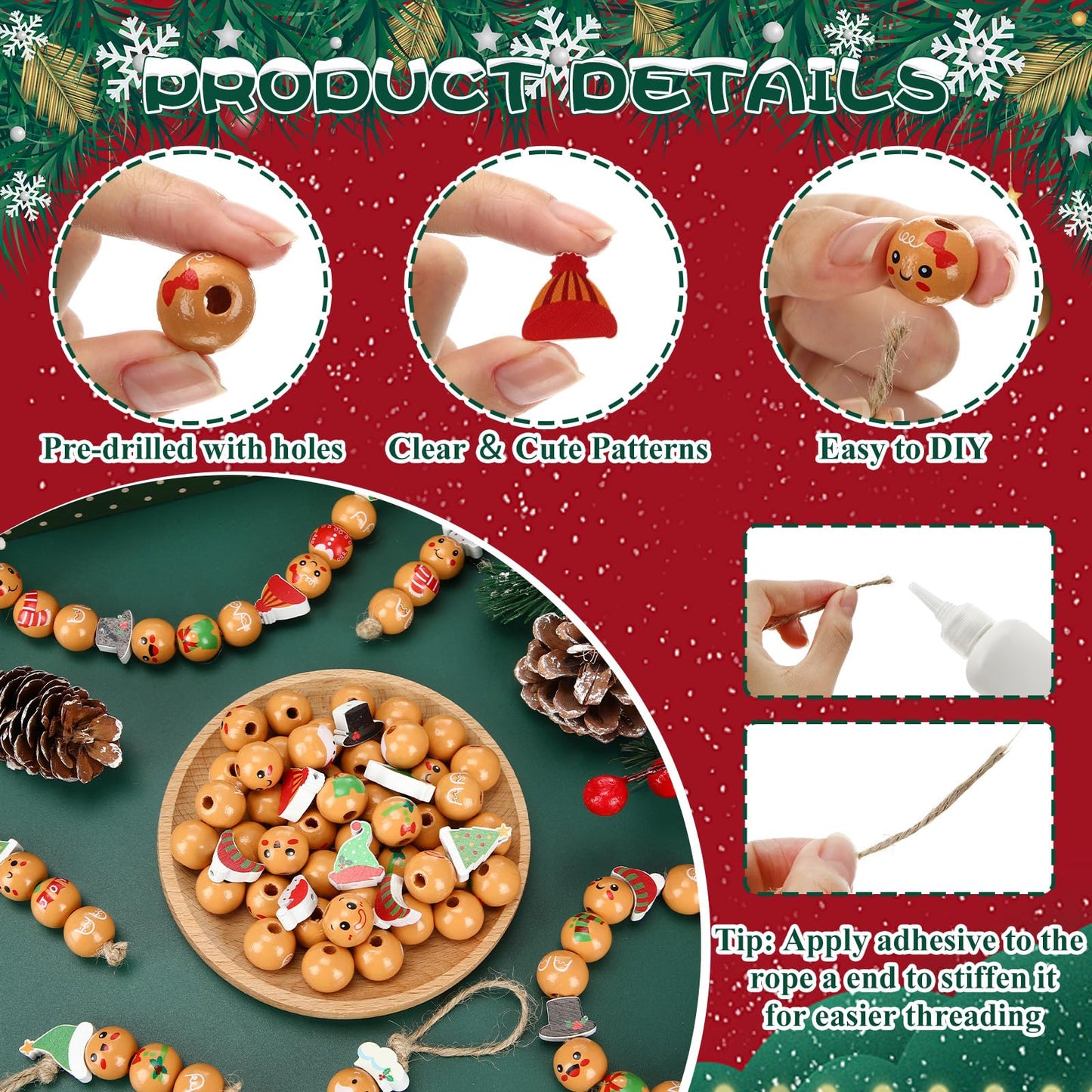 Geelin 300 Pcs Christmas Wood Beads with Twine - Santa Gingerbread Snowman Winter Animals Wooden Round Bead for Hanging Ornaments DIY Crafts Garland Holiday Tree Decor(Gingerbread Man)