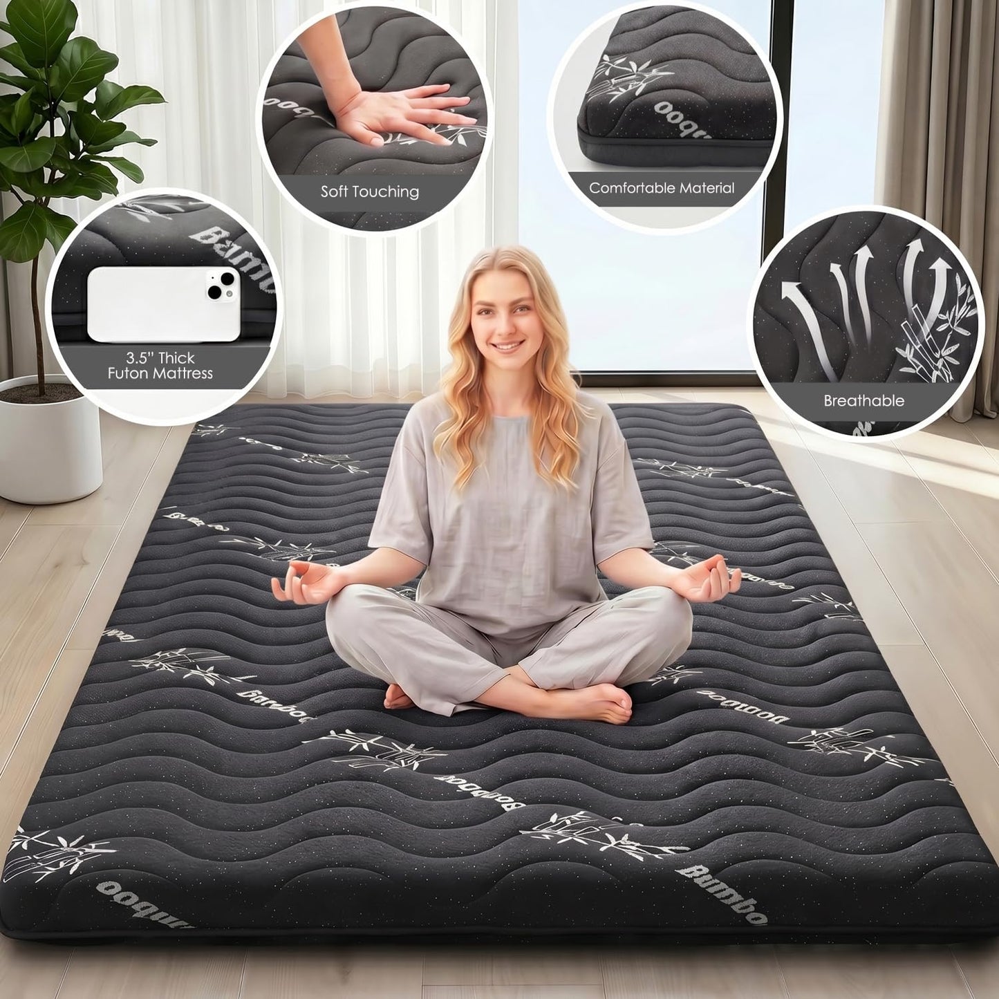 Japanese Floor Mattress Viscose Derived from Bamboo, 100% High Density Foam, 3.5" Thicken Cooling Foldable Futon Mattress Tatami Mat, Roll Up Floor Bed for Guest Room Bedroom RV, Black, Twin