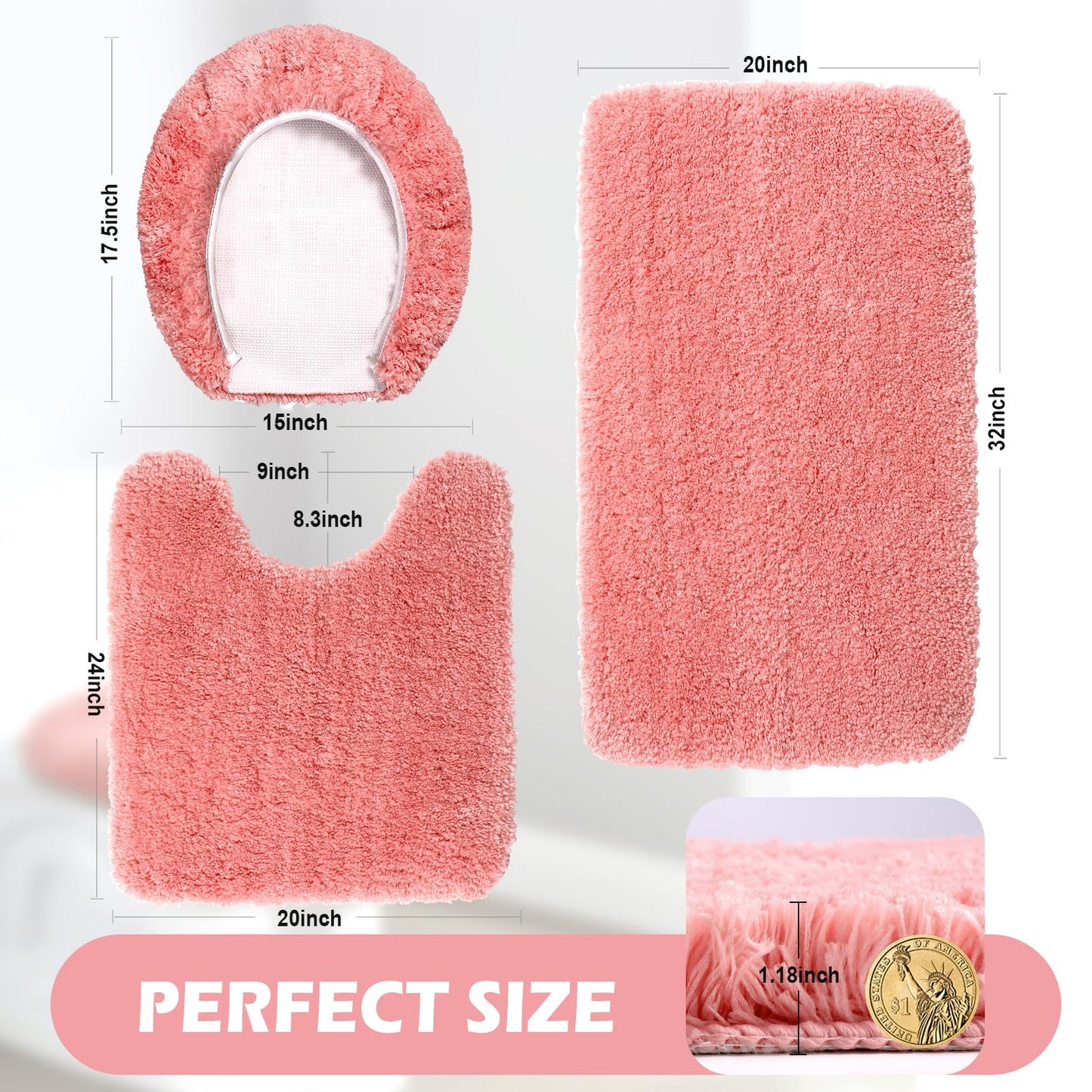 Baahrnom Bathroom Rugs Sets 3 Piece with Adjustable Toilet Seat Cover 17.5"x 15" Machine Washable Bath Rug Set with TPR Non Slip Rubber Backing Solid Bath Mat Set for Luxury Bathroom Decoration