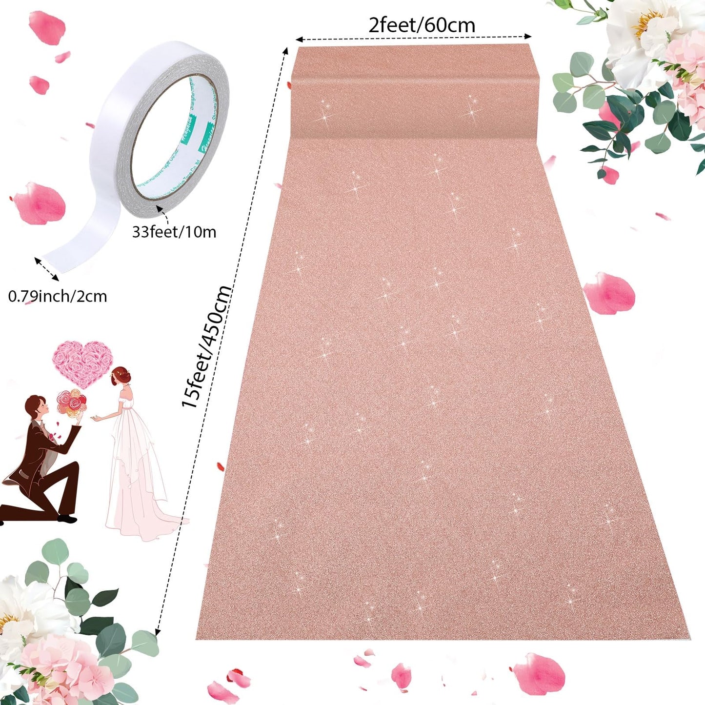 Shihanee Sequin Aisle Runner for Wedding Glitter Rug with Carpet Tape Sparkly Prom Outdoor Floor Birthday Carpet Runner for Ceremony Event Graduation Party(2 x 15 ft,Rose Gold)