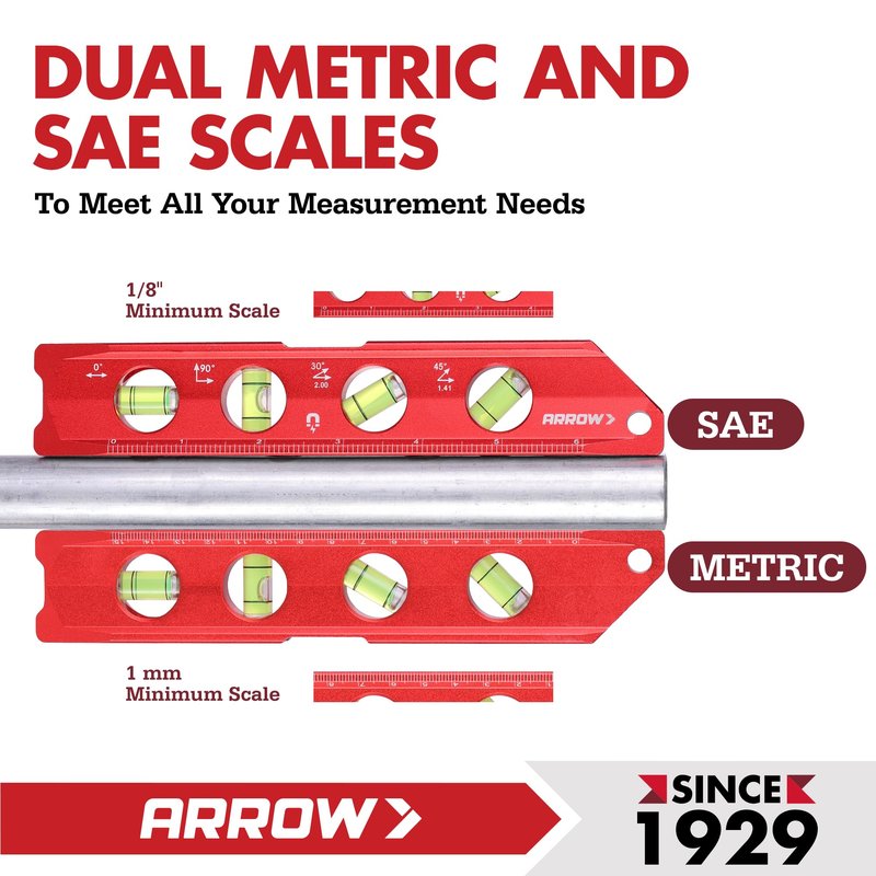 ARROW 8-Inch Torpedo Level, Magnetic Level Tool with 0°/30°/45°/90° Bubbles, Top-view Windows, Aluminium Alloy Frame, Dual Metric and SAE Scales