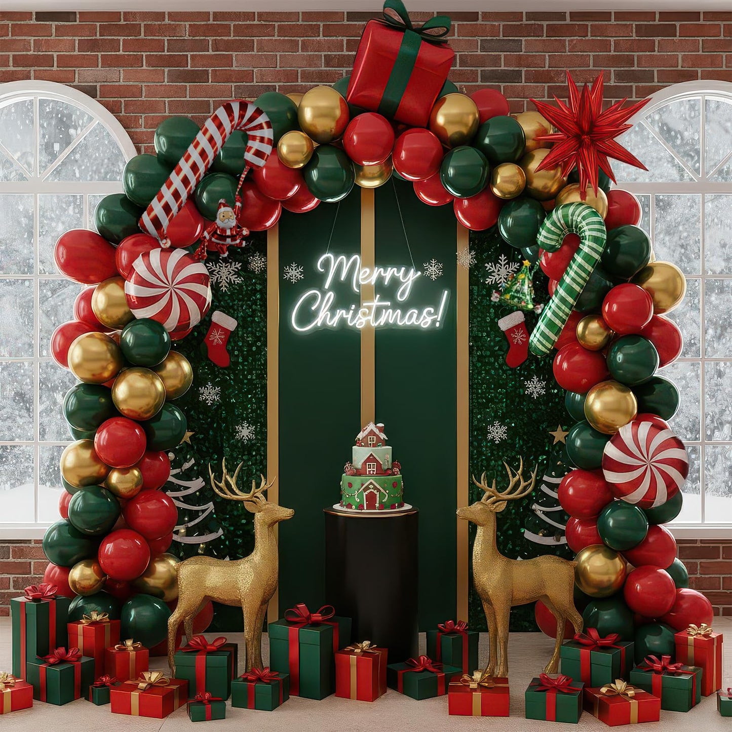 Christmas Party Decorations Include Forest green Red Gold Balloon & Candy Cane Lollipop 4D square and foil strips Balloons for 2026 New Year friendsmas Xmas Holidays Party Decorations
