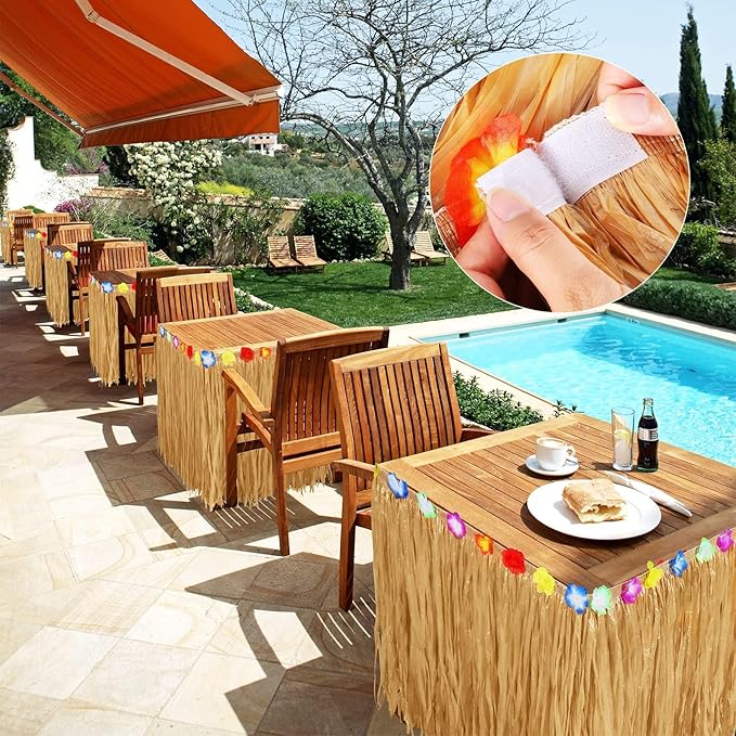 Aodaer Thickened Grass Table Skirt Natural with Hibiscus Flowers 400g Hawaiian Luau Tropical Party Decor Fringe Party Decoration for Costume Tiki Tropical Hawaii Moana Birthday, Straw Yellow