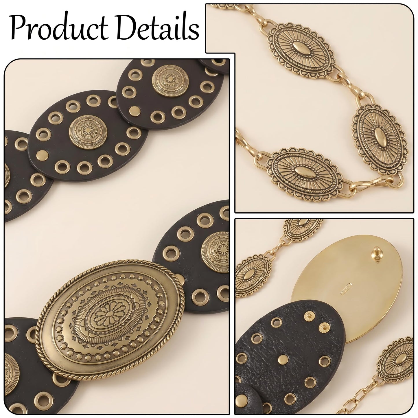 COSUCOS 2 Pcs Boho Belt for Women, Vintage Bohemia Gold Waist Chain Belt and Black Western Cowgirl Cowboy Disc Concho Leather Belt for Dress Jeans Country Concert Outfit