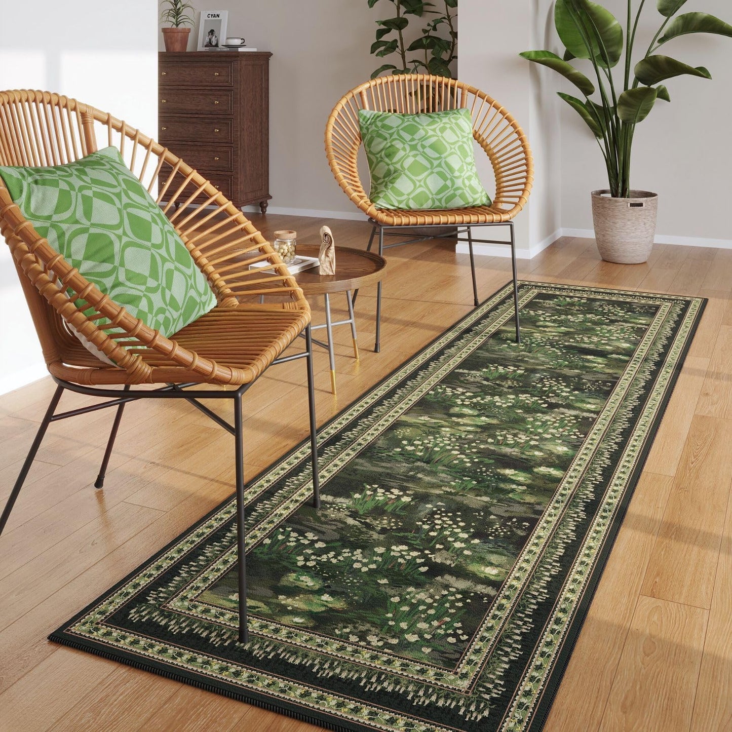 Rugcomf Runner Rug Impressionist-Style Vintage Kitchen Rugs Non Slip Washable Soft Carpet Runner for Kitchen Laundry Bedroom Bathroom, Green