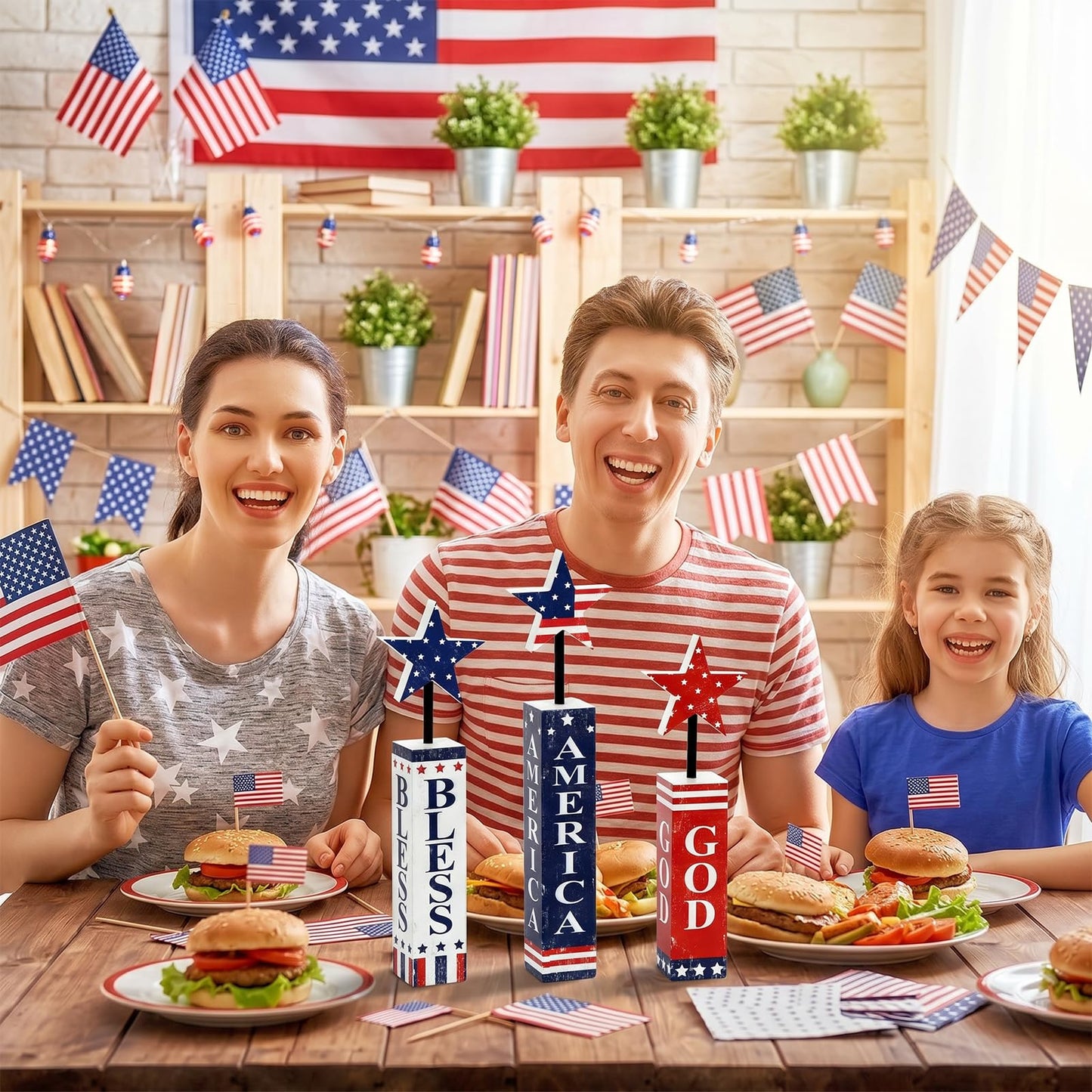 4th of July Table Decorations Wooden Patriotic Tiered Tray Decor 3 Pcs Memorial Day Decorations Red White Blue Centerpieces USA Star Wood Blocks for 250th Anniversary Independence Day Home Office