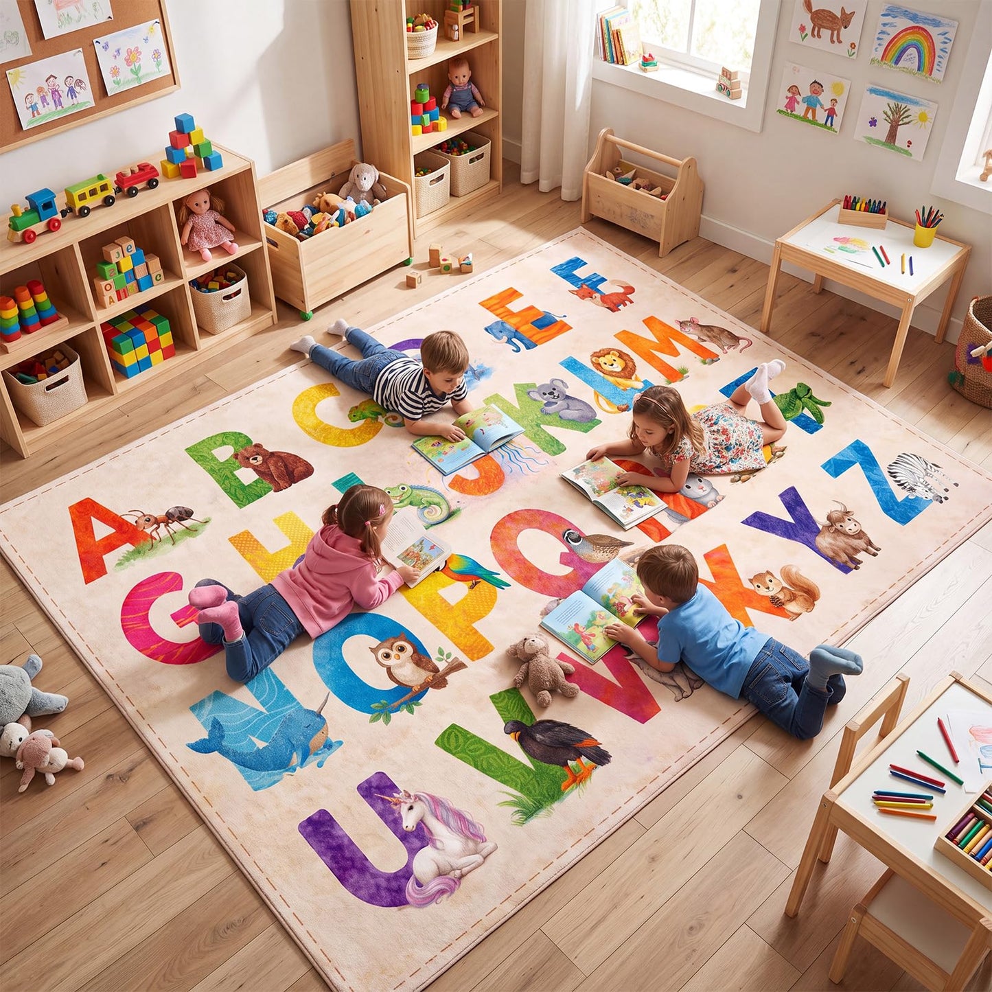 Amylove 5 x 7 ft Large Alphabet Animals Classroom Rug, ABC Learning Rugs with A–z Animal Chart, Educational Alphabet Carpet for Preschool Kindergarten, Rainbow Early Literacy Teaching Play Rug