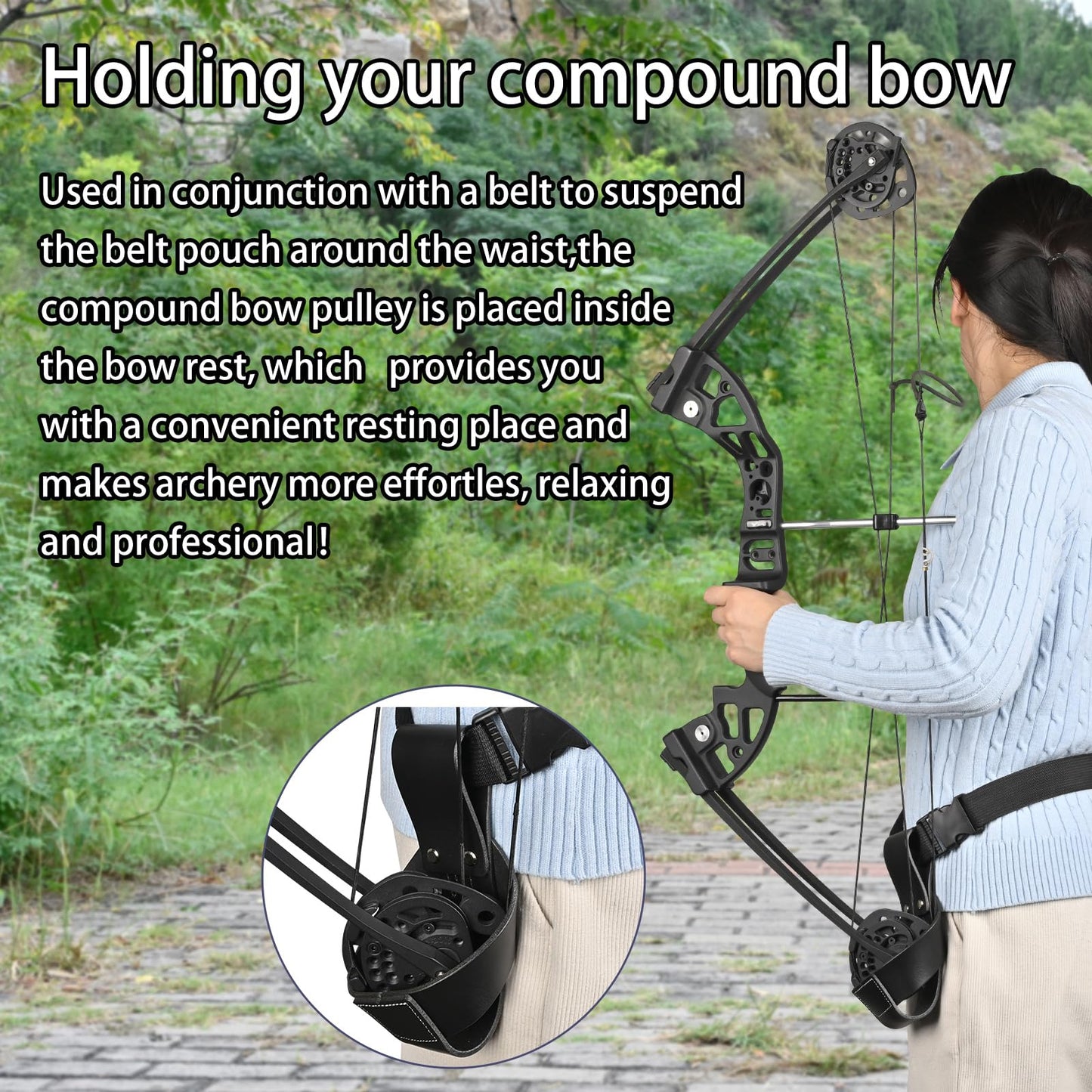 SPG Waist Compound Bow Holder - Archery Bow Belt Pouch for Shooter Holding Up Bows Practical Compound Bow Bag & Adjustable Belt Assisted Hunting Shooting Sporting Standing Resting Accessories (Black)
