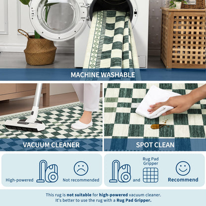 GarveeHome 5x7 Washable Rug for Living Room Contemporary Sage Green Geometric Floor Carpets Low Pile Non-Slip Nursery Room Carpet High Traffic Modern Abstract Checkered Area Rug for Bedroom