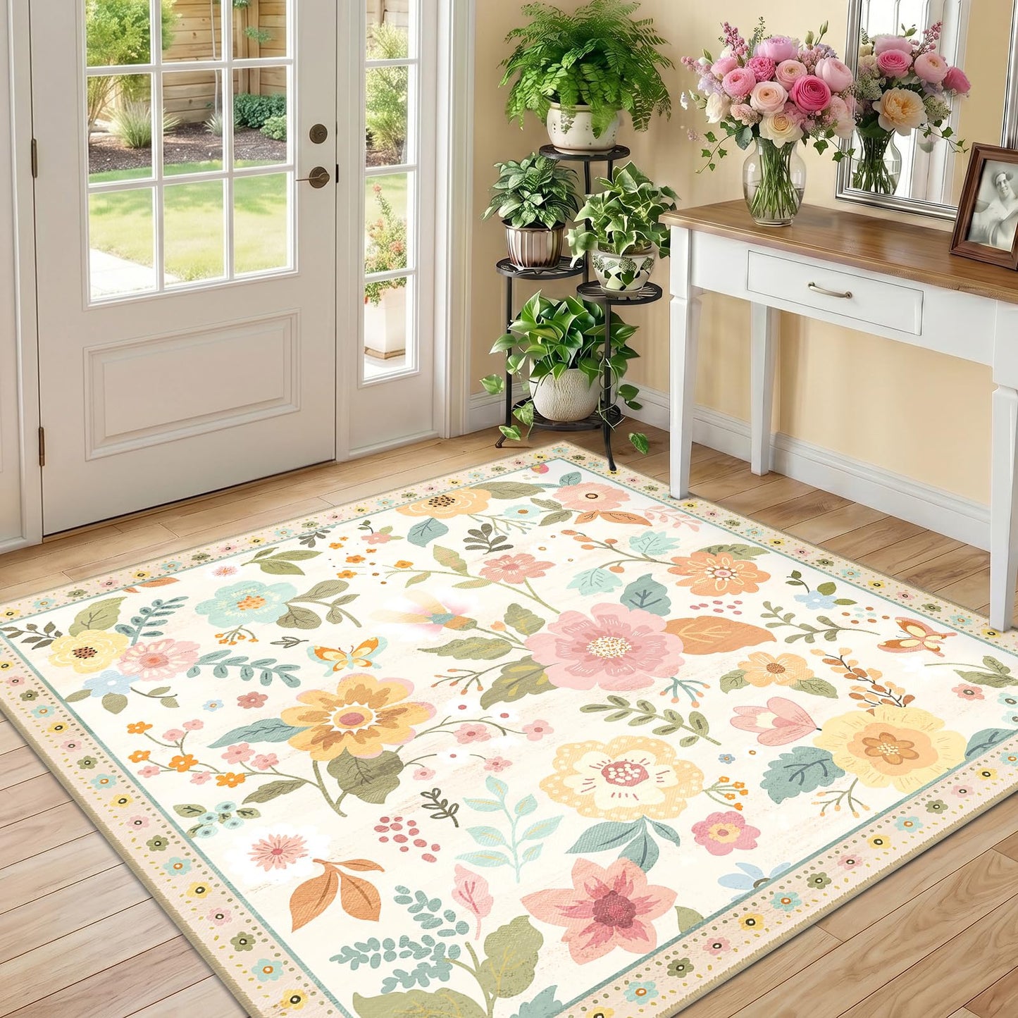 RELEANY Floral Square 5ft Area Rugs Washable Print Boho Cute Carpet Non Slip Flower Low Pile for Living Room Bedroom Kitchen Office Farmhouse-Beige/White/Orange