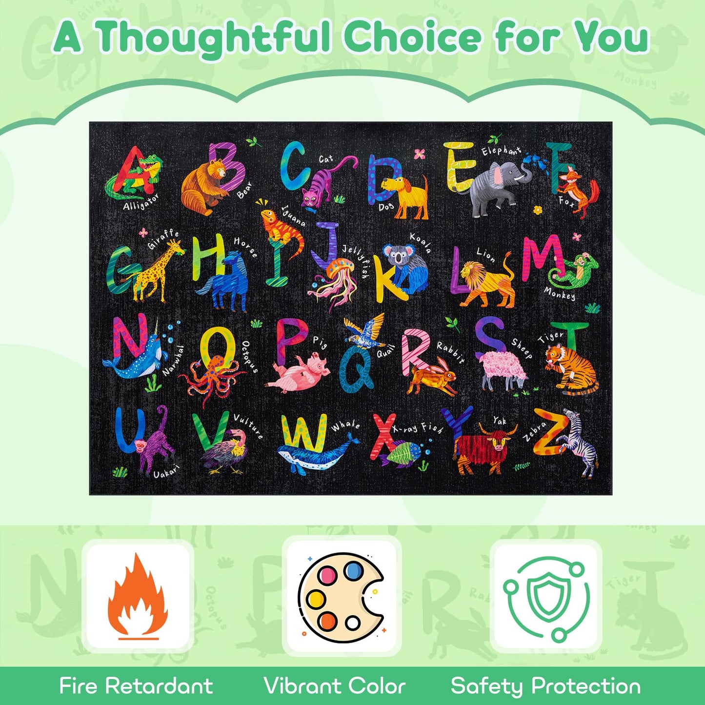 Rogara 3x5 ABC Classroom Rug for Kids Playroom, Alphabet Rug with 26 Animals, Non-Slip Washable Kids Carpet, Educational Preschool Play Mat for Daycare, Nursery, Toddler Bedroom