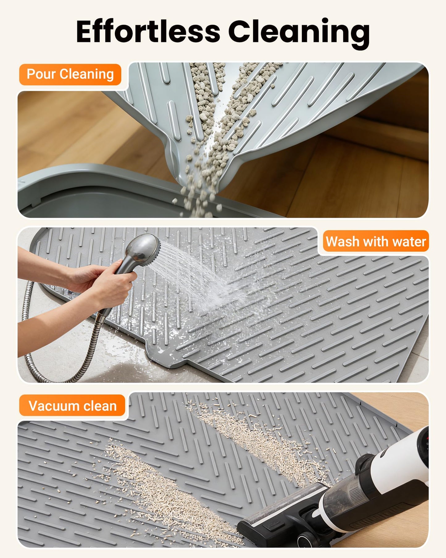 Vacqueen Cat Litter Box Mat, 47" x 37" Extra Large Cat Litter Mat, Silicone Waterproof Litter Trapping Mat for Scatter Control Soft on Kitty Paws Non-Slip Easy to Clean (Grey)