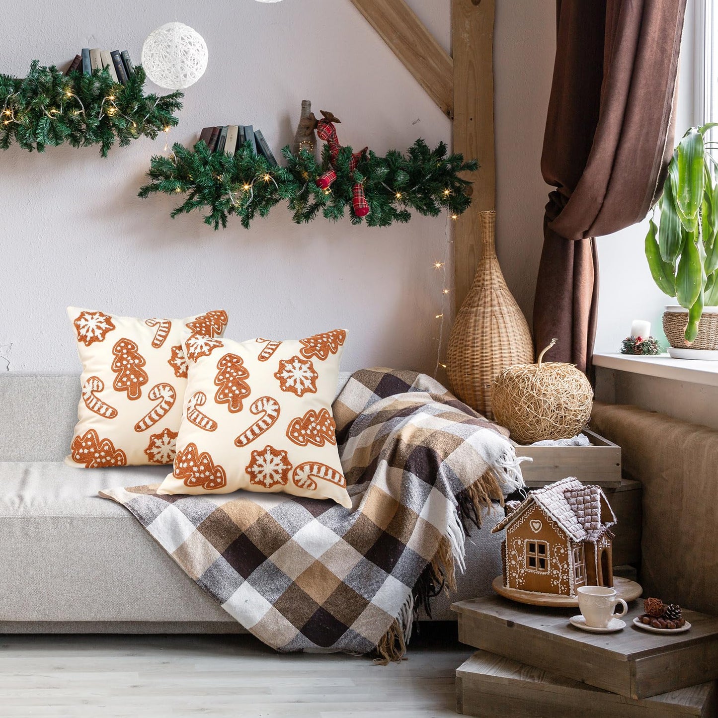 VitalCozy 2 Pcs Gingerbread Christmas Throw Pillow Covers 18'' x 18'' Plush 3D Embroidery Gingerbread Man Pillowcases for Xmas Winter Indoor Outdoor Couch Sofa Cushion Decorations