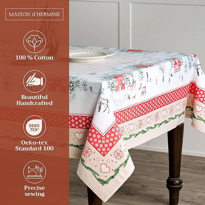 Maison d' Hermine Table Cloth Rectangle Table 100% Cotton 60 x 90 Inches Fall Tablecloth Reusable Everyday Use for Thanksgiving Christmas Decorations Dining Farmhouse Party (Rural Christmas)