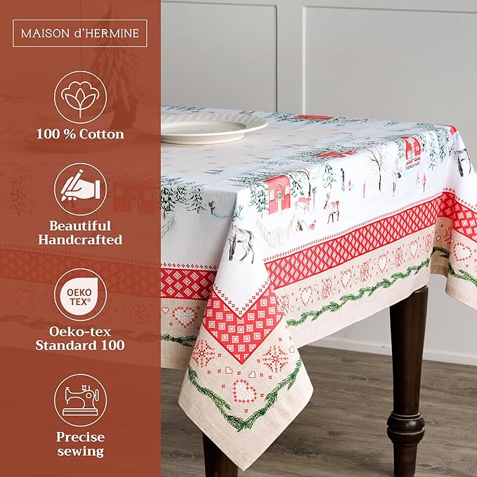 Maison d' Hermine Table Cloth Rectangle Table 100% Cotton 70 x 108 Inches Fall Tablecloth Reusable Everyday Use for Thanksgiving Christmas Decorations Dining Farmhouse Party (Rural Christmas)