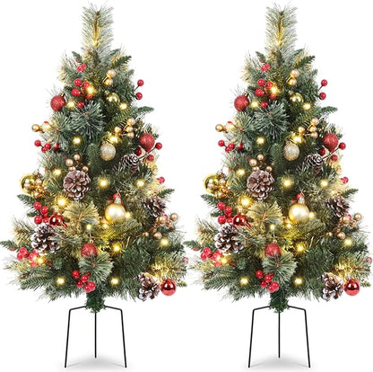 Set of 2 Outdoor Pathway Christmas Trees, 30in Artificial Xmas Tree with 35 LED Lights, 8 Lighting Modes & Timer, Red & Gold Berries, Ball Ornaments, Holiday Décor for Driveway, Porch, Yard